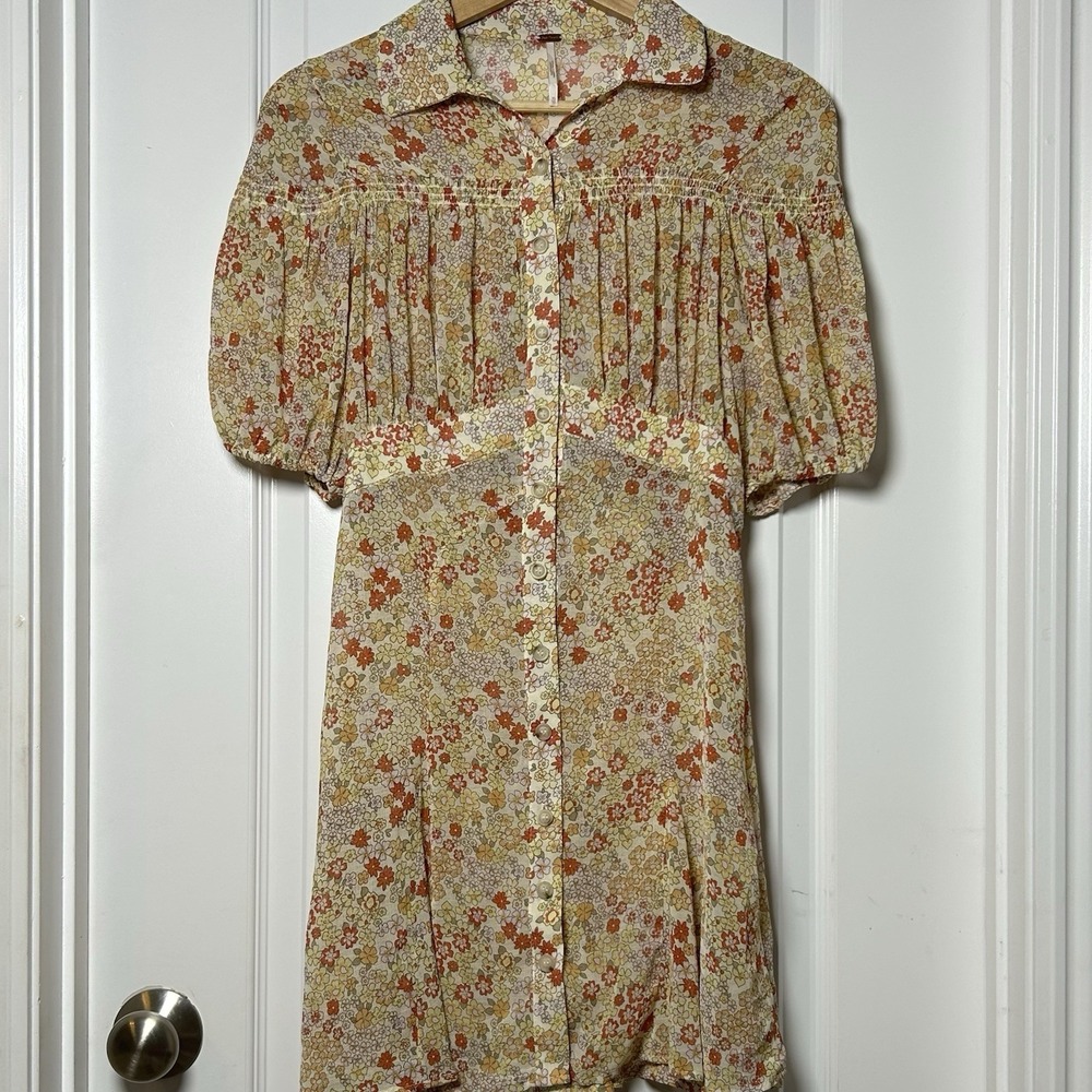 Free People Ditsy Floral Smocked Yoke Puff Sleeve Button Front Bonnie Mini Dress